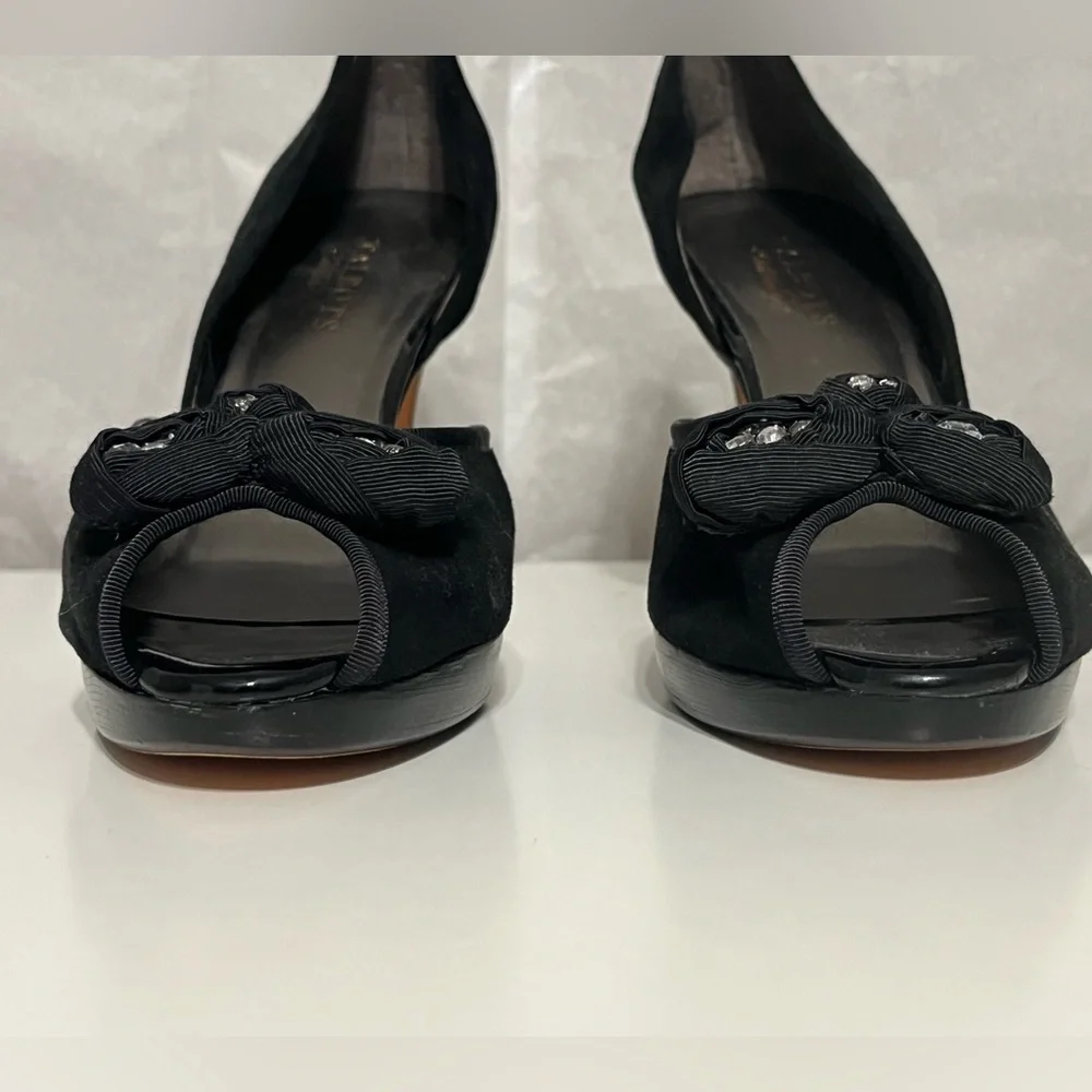 NEW Talbots black crushed velvet peep toe heels floral rhinestone holiday Sz 8.5